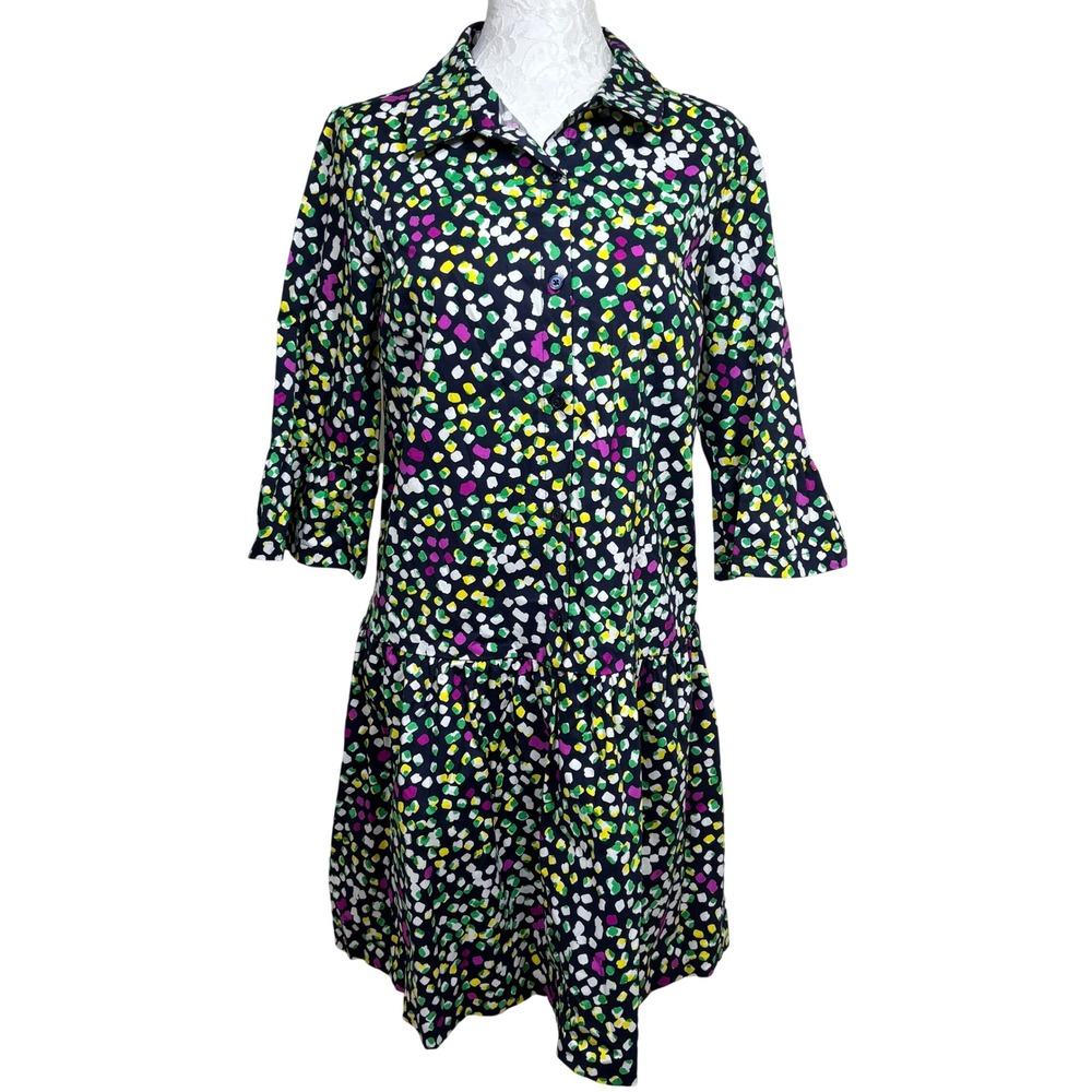DKNY Abstract Confetti Drop Waist Ruffled 3/4 Sleeves Shirt Dress Womens 10 US